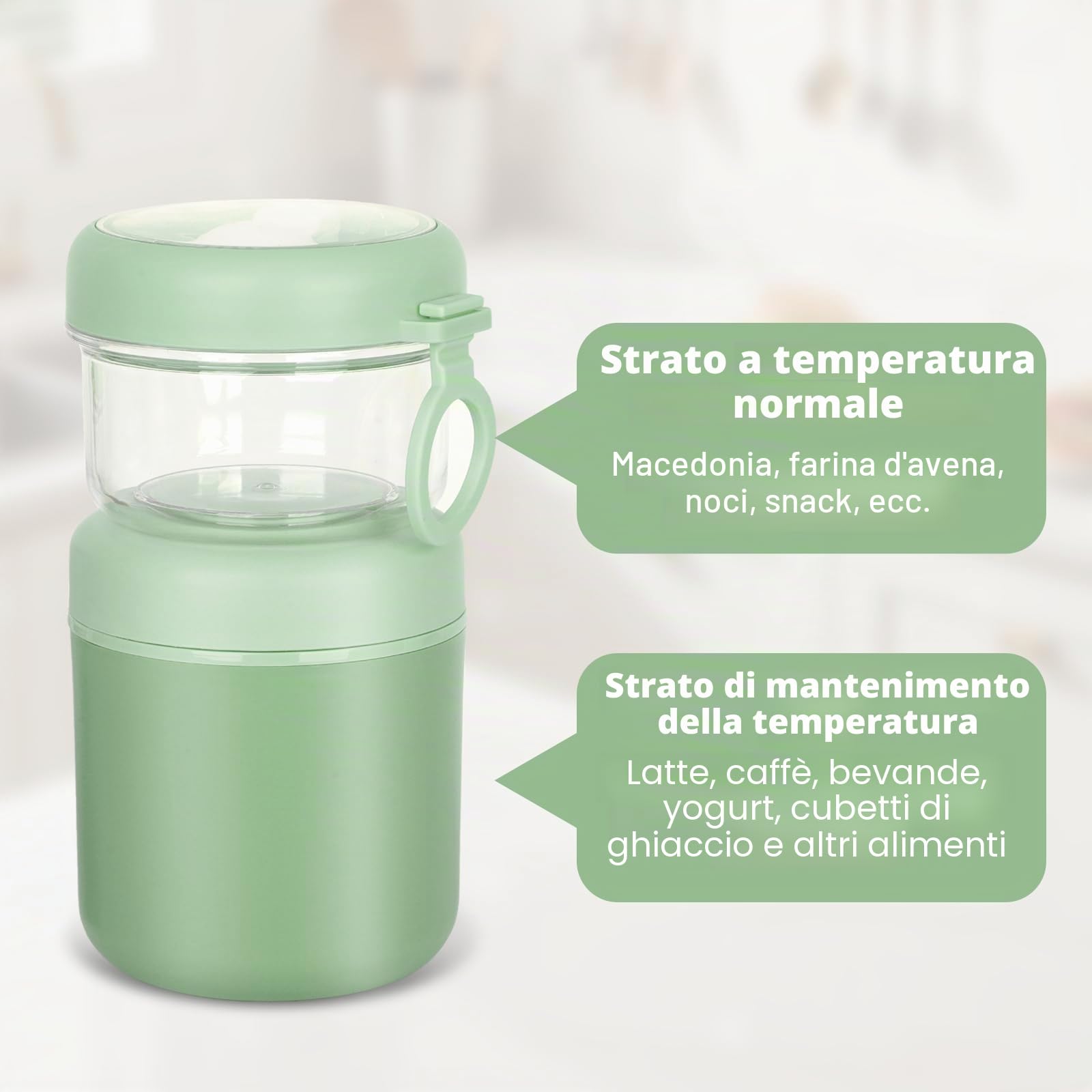 Grande Contenitore in Acciaio Inox per Cereali da Asporto, Tazza per Yogurt 530 ml + 330 ml Contenitore Porta Cereali Anti-Perdita Porta Pranzo Tazza per Yogurt Insalata Riso Avena (Verde)