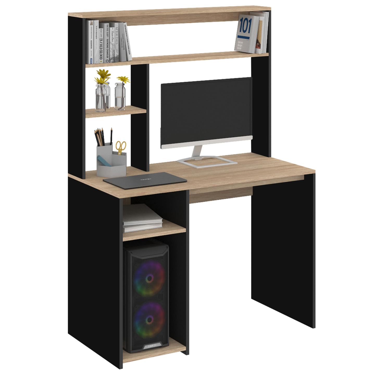 IDMarket - Bureau avec étagères de Rangement DAN Noir et façon hêtre