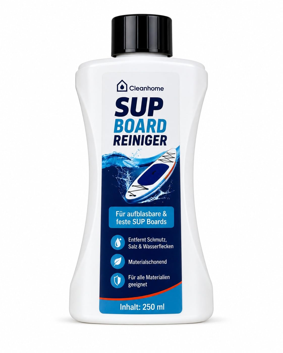 CLEANHOME SUP Board Cleaner 250 ml - Material-friendly SUP Cleaner for Inflatable & Fixed Boards | Removes Salt, Dirt, Grease, Oil & Water Stains | for iSUP, Hardboard & Water Sports