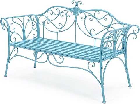 Açık mavi metal retro bahçe bankı, 2 kişilik, dökme demir ve alüminyum, kavisli sırt ve kolçaklı, kolay montaj, teras, veranda ve bahçe için ideal