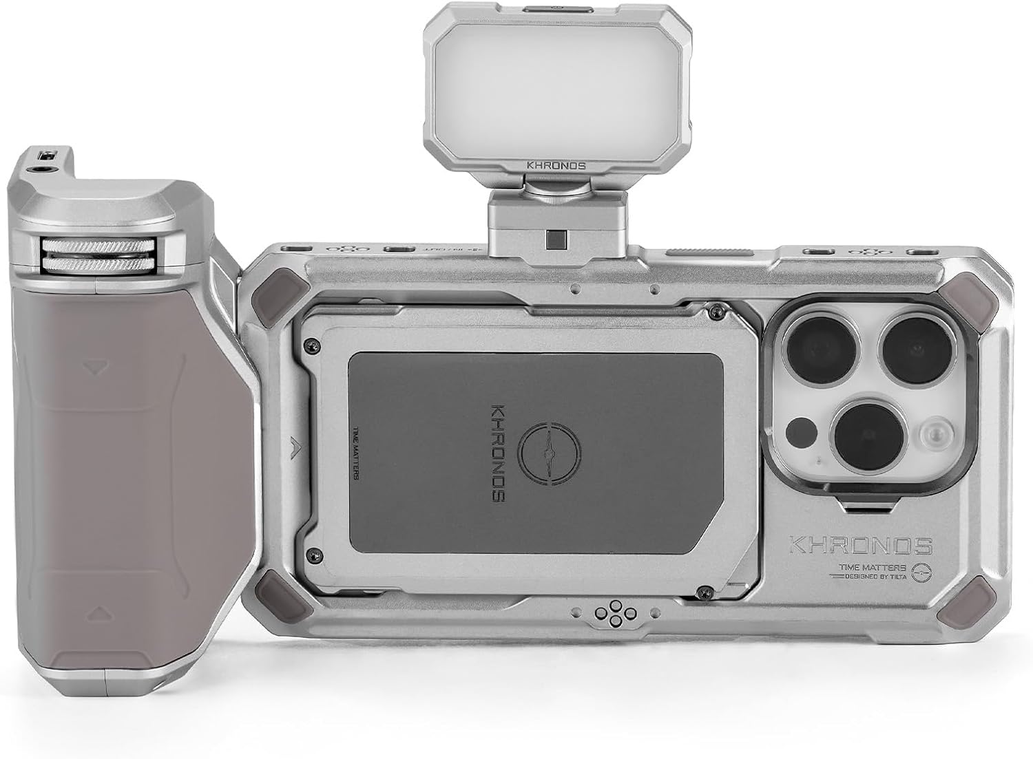 Tilta Khronos Basic Kit Compatible with iPhone 15 Pro - Titanium White | Includes Case, Mini LED Light, and Focus Handle | Mobile Filmmaking System