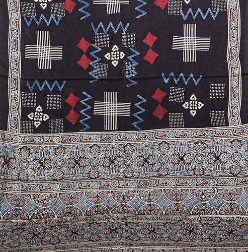 Image of Ethnics of Kutch Ajrakh Modal Silk Saree For Women | Natural Dye Hand Block Print |With Unstitched Blouse Piece | 5.5 Mtr Length (Black 27A01K)