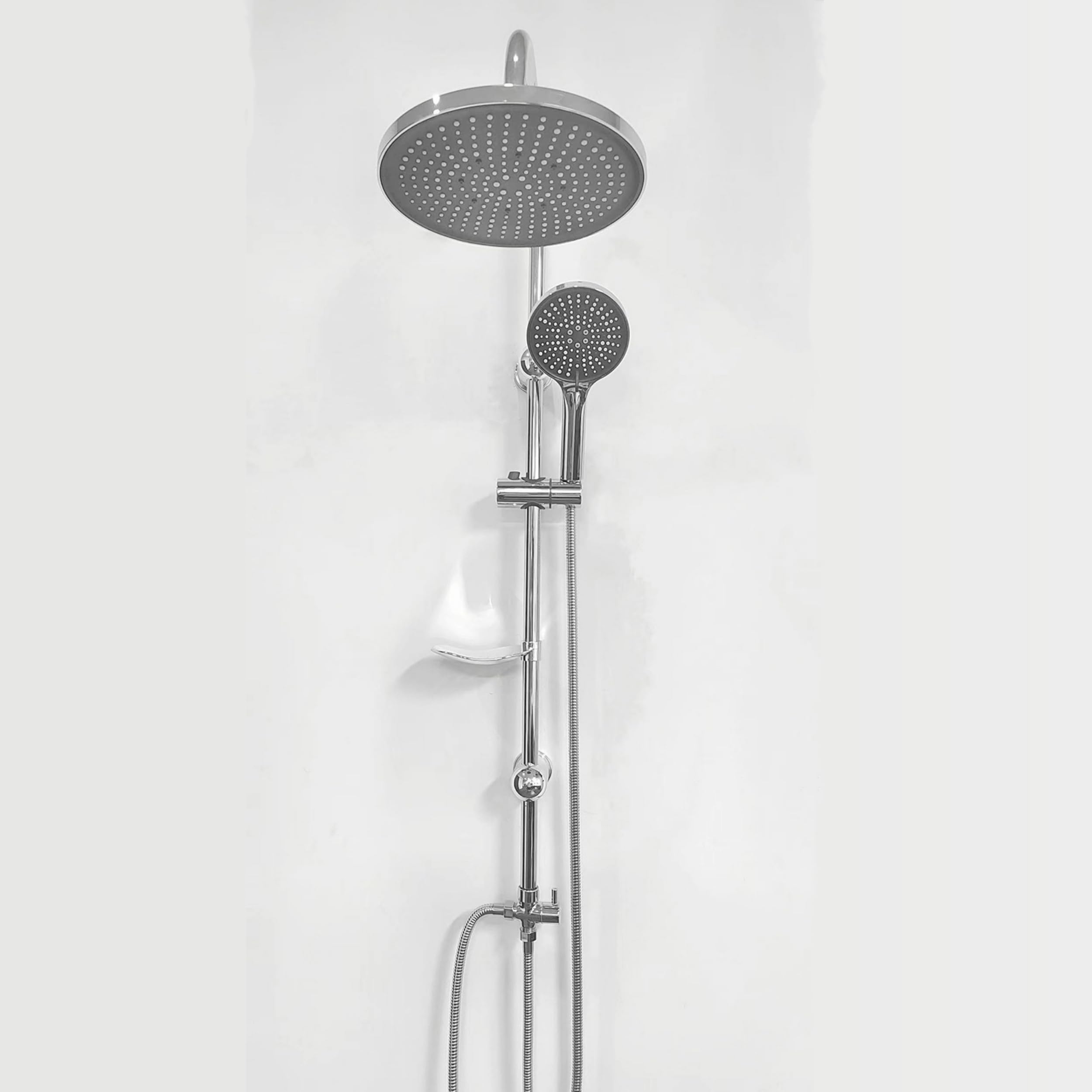 BRAVECOW Wall Mounted Shower Column Stainless Steel Shower System, 2-in-1 Overhead & Handheld Shower Set with 2 Hoses & Soap Shelf Rust-Resistant Lift Easy Installation