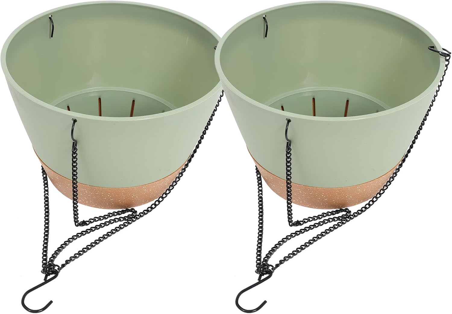Lurrose 2pcs Indoor Hanging Plant Baskets with Hooks, 10-inch Plastic Balcony Planters in Light Green for Garden and Outdoor Plant Pot Decor