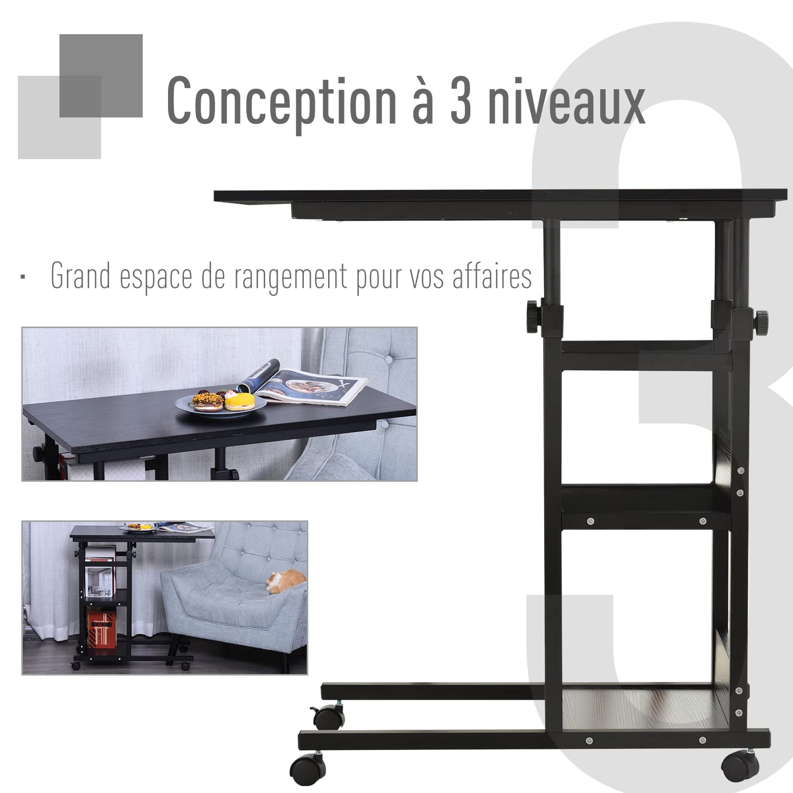 HOMCOM Tavolino da divano, tavolino da letto, per computer portatile, altezza regolabile, 2 ripiani integrati, telaio in metallo nero