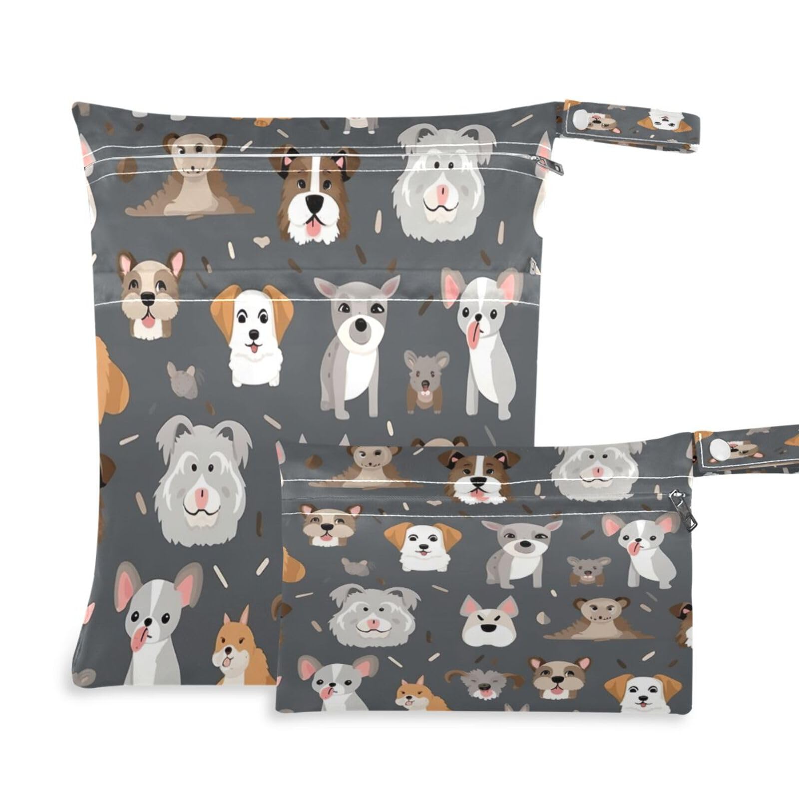 ATTX Cartoon Dog Wet Dry Bags 2-Pack - Reusable Cloth Diaper Storage for Travel, Beach & Gym | Multi-Use Waterproof Bags for Swimsuits, Baby Clothes, Sports Gear#385