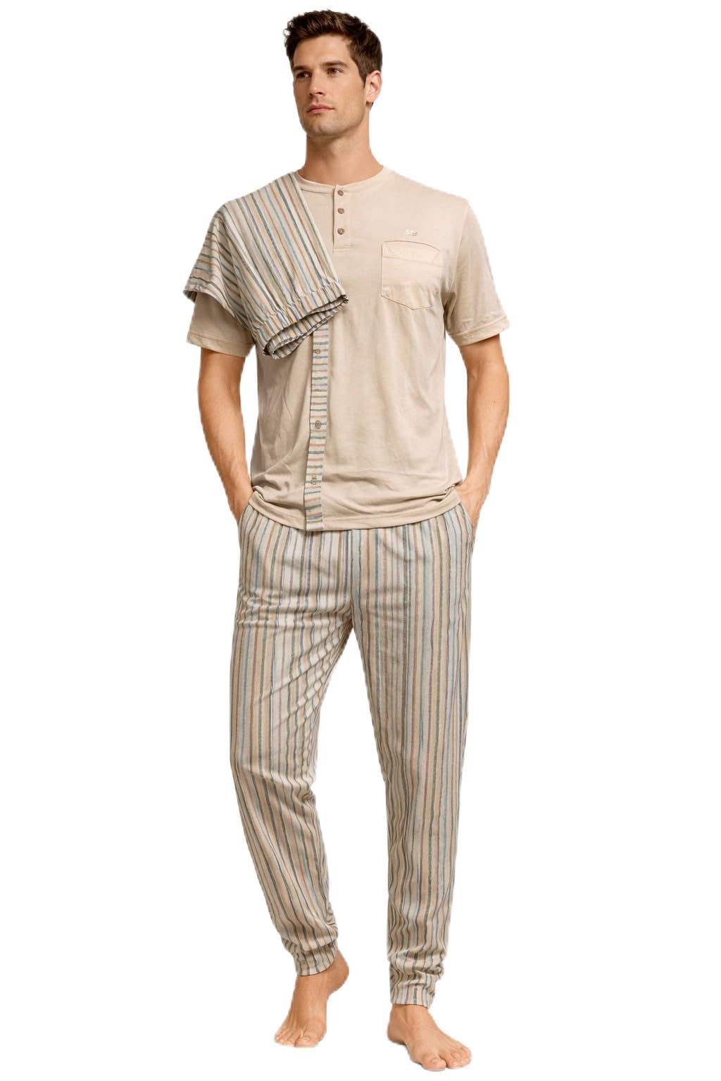 Men's 3 Piece Polycotton Pyjamas - Half Sleeve Top, Long Trousers and Shorts, Home Night Set, Various Colours and Sizes - 4
