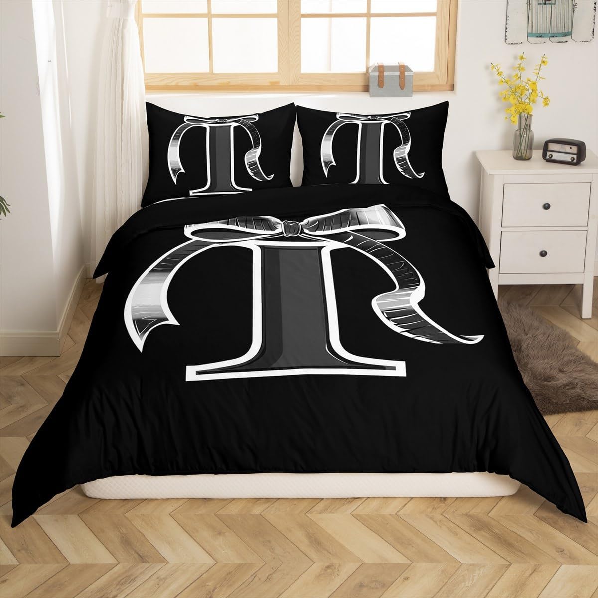 jejeloiu Kids Girls Black Bow Duvet Cover Toddler Size Monogrammed Bedding Set Ultra Soft Personalized Initial I Comforter Cover Modern Fashion Bedspread Cover Bowknot Bedclothes,No Comforter