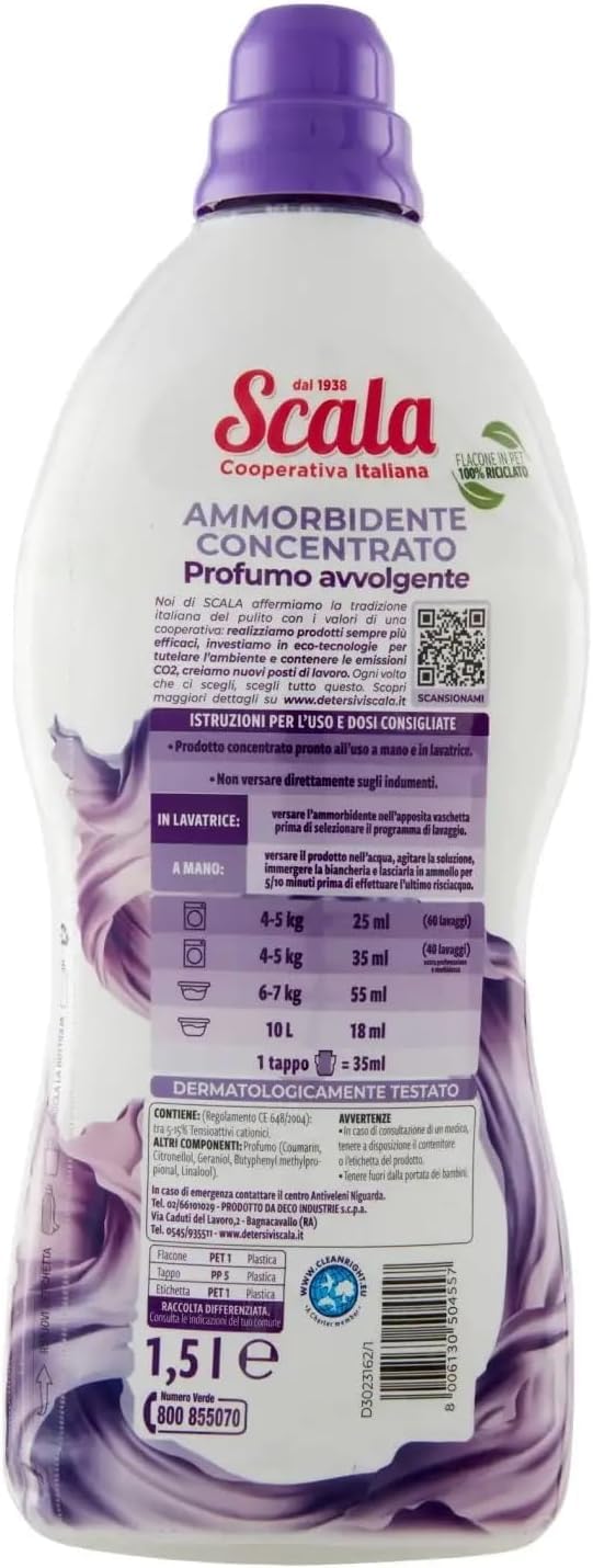 Scala Ammorbidente Suavizante concentrado de lavanda y lirio de los valles, 60 lavados, dermatológicamente probado, 1500 ml + llavero Beni Culinari gratuito