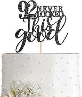 92 Black Glitter Happy 92nd Birthday Cake Topper, Cheers to 92 Years Party Cake Topper Decorations, Supplies