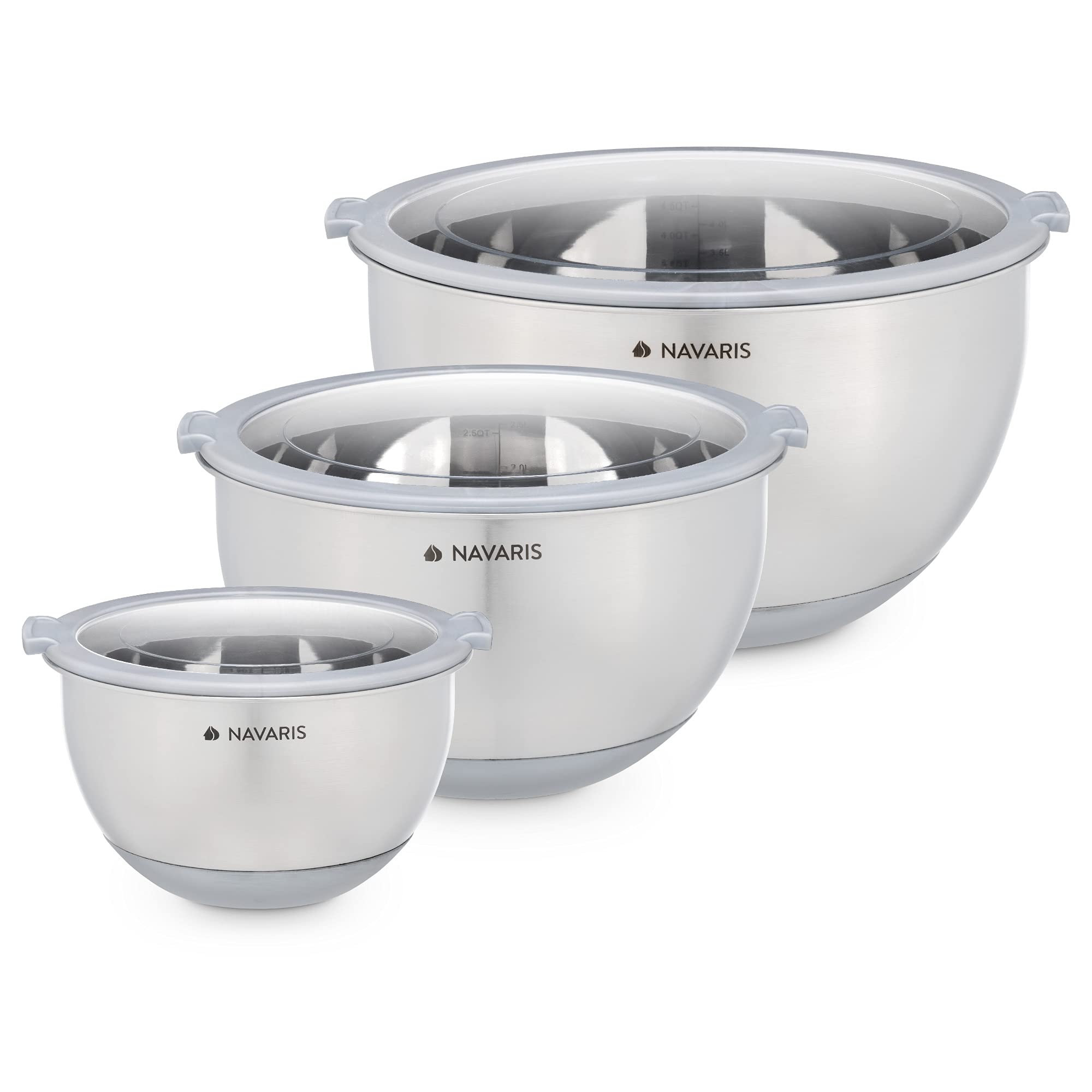 Navaris 3X Ciotole Salvaspazio Salvafreschezza - Recipienti Preparazione e Conservazione Alimenti - con Base Antiscivolo - 3X Misure 1,4L 2,8L 4,7L