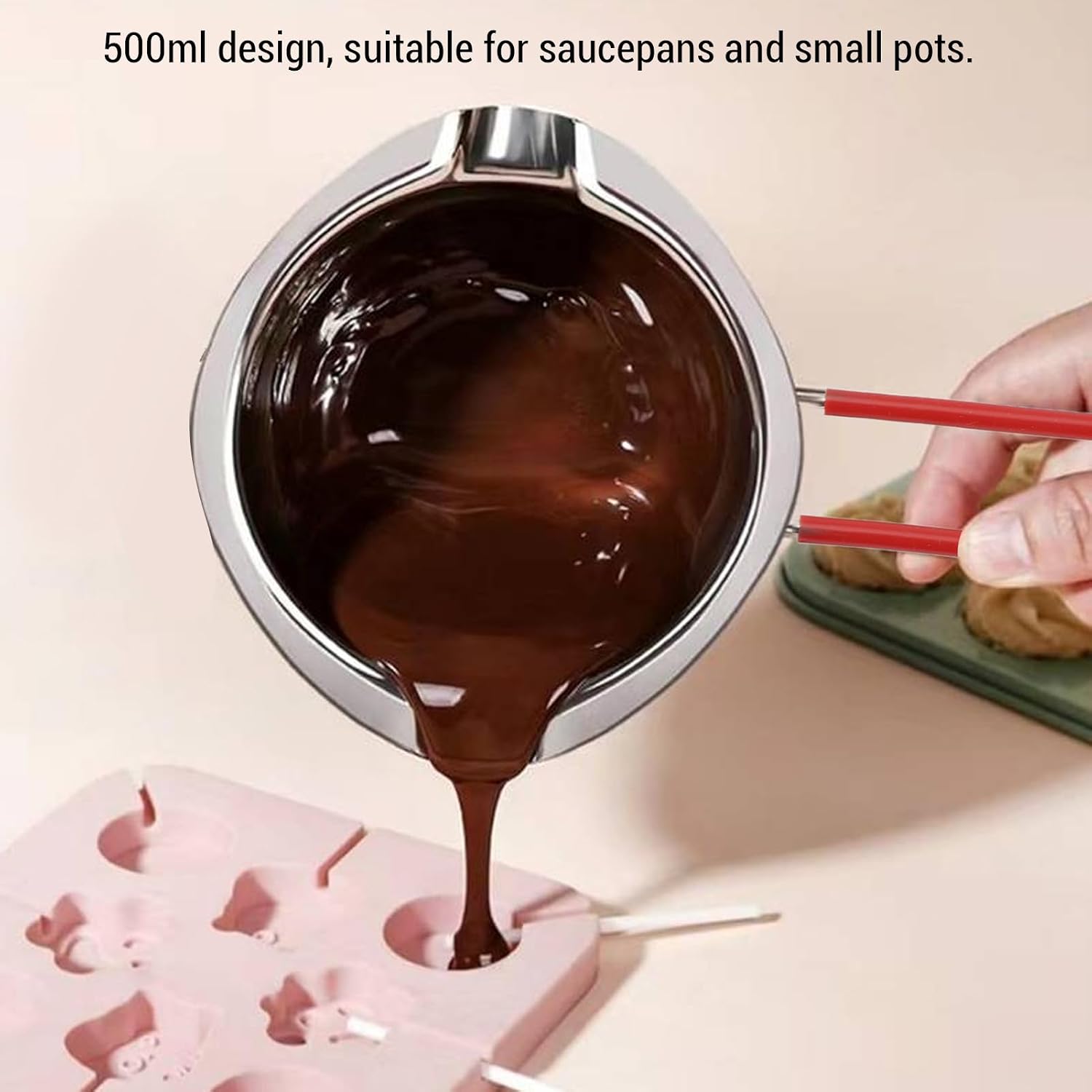 Chocolate Melting Pot, Durable Double Boiler Melting Bowl with Hook and Dual Spouts for Baking Candy Making 304 Stainless Steel 500ml 1 Piece