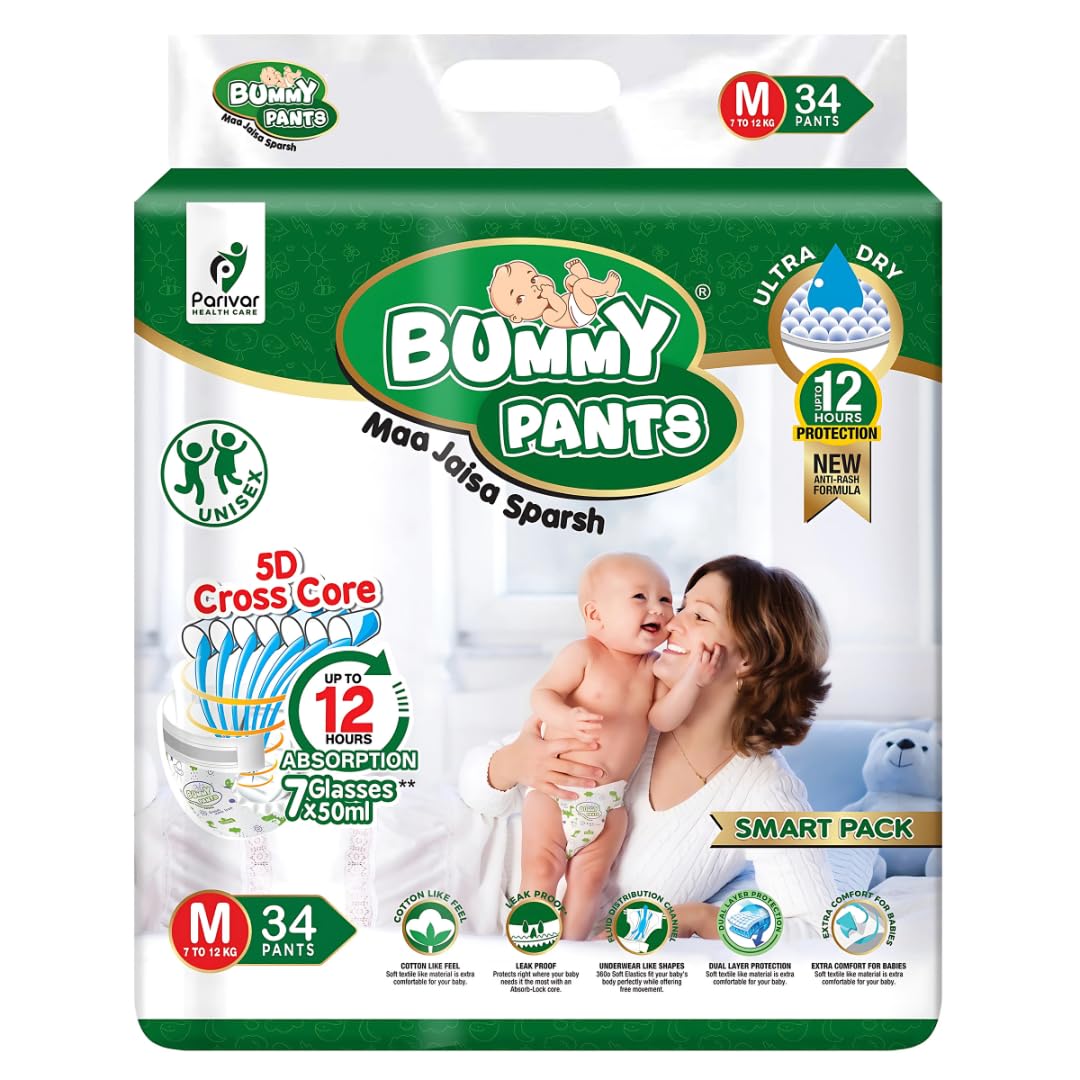 Bummy PANTS Super Dry Leakage Proof Technology Baby Diaper –Medium (M) Size, 34 Count, Super Absorbent 5D Cross Core with Anti Rash dual Layer Up to 12 Hrs Protection, Pack of 1, 5-11kg-image-5