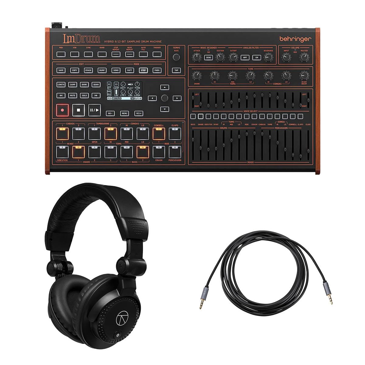 Behringer LM DRUM Classic Hybrid Sampling Drum Machine, Bundle with TAPH100 Headphones and 10' Gold Series Auxiliary Cable