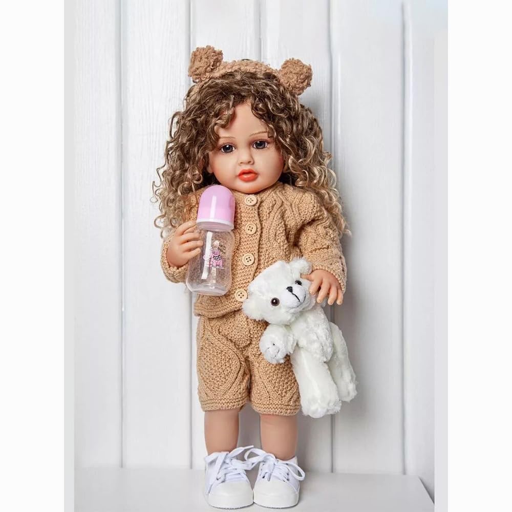 Reborn Puppe Mädchen 55cm 22zoll Ganzkörper Weiches Silikon-Vinyl Puppe mit Langem Haar Offenen Augen Realistische Neugeborene Spielzeug Geschenk für Kinder Reborn Puppe Mädchen mit Lockigem