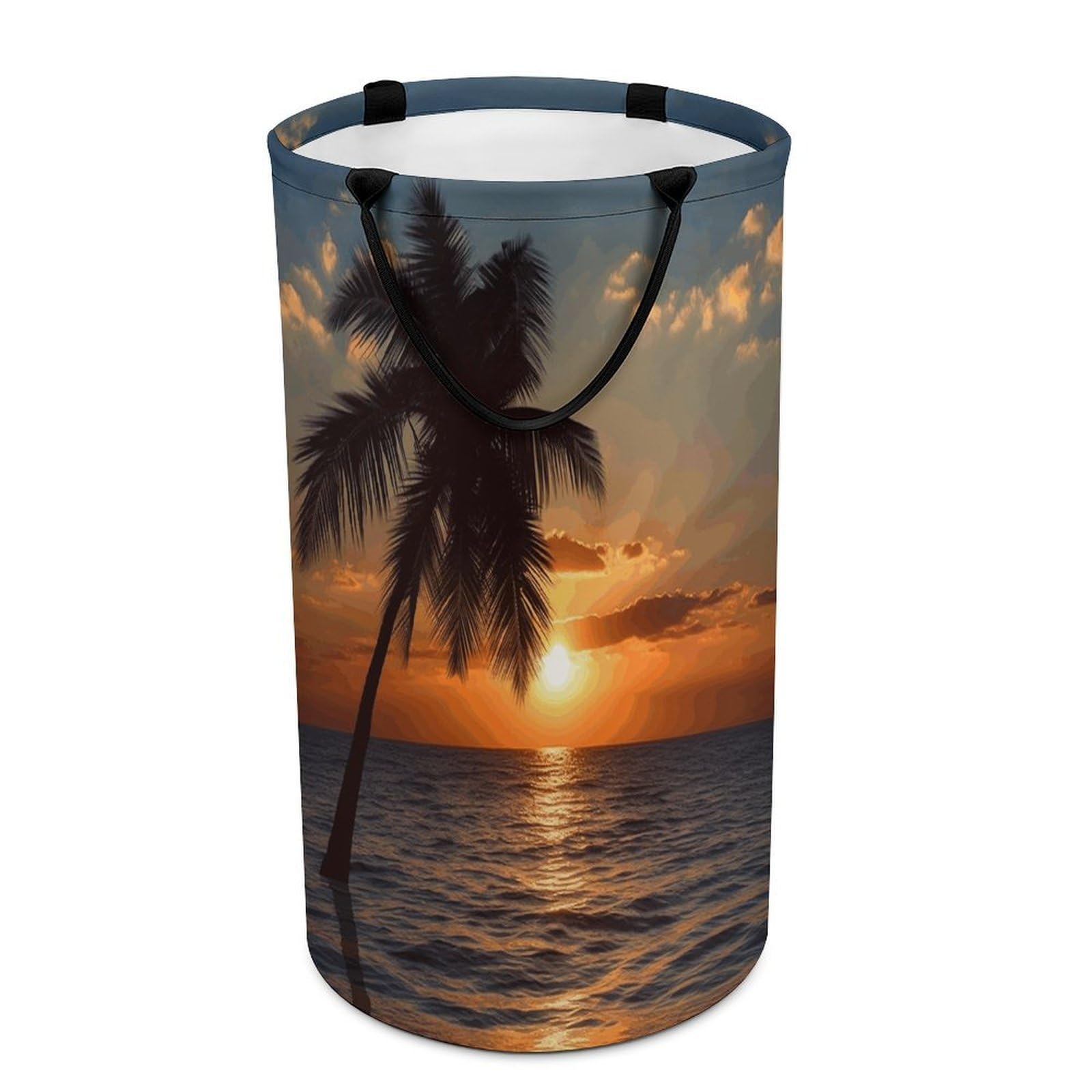 Sunset Palm Tree Ocean Laundry Hamper Waterproof Polyester Laundry Baskets Collapsible Dirty Clothes Storage Basket Clothes Hampers with Sturdy Handles for Travel Bedroom
