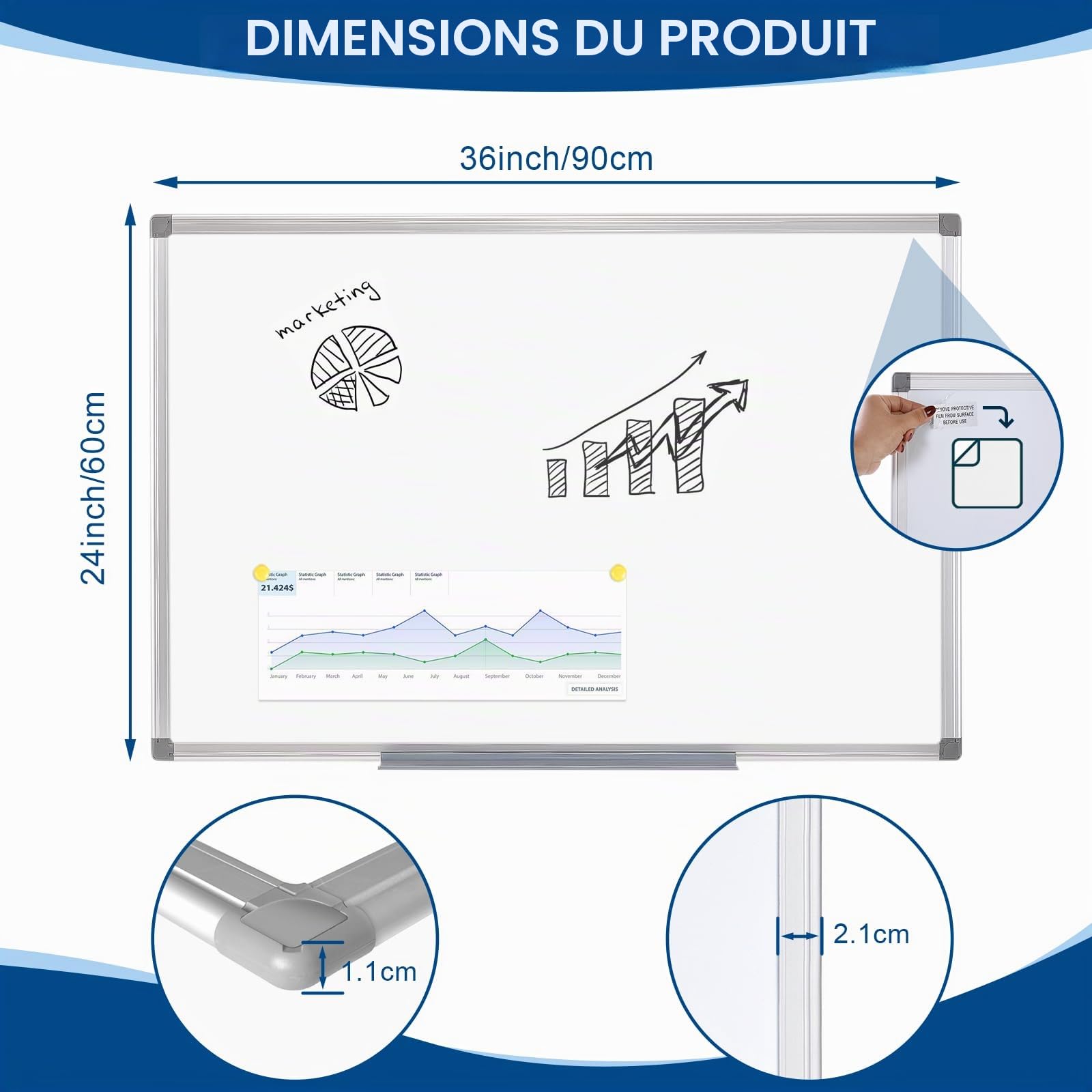 SWANCROWN Tableau blanc magnétique 90 x 60 cm, Tableau velleda | avec Cadre aluminium, Mural, Effaçable à Sec, Tableau blanc magnetique pour une utilisation, bureau et à la maison