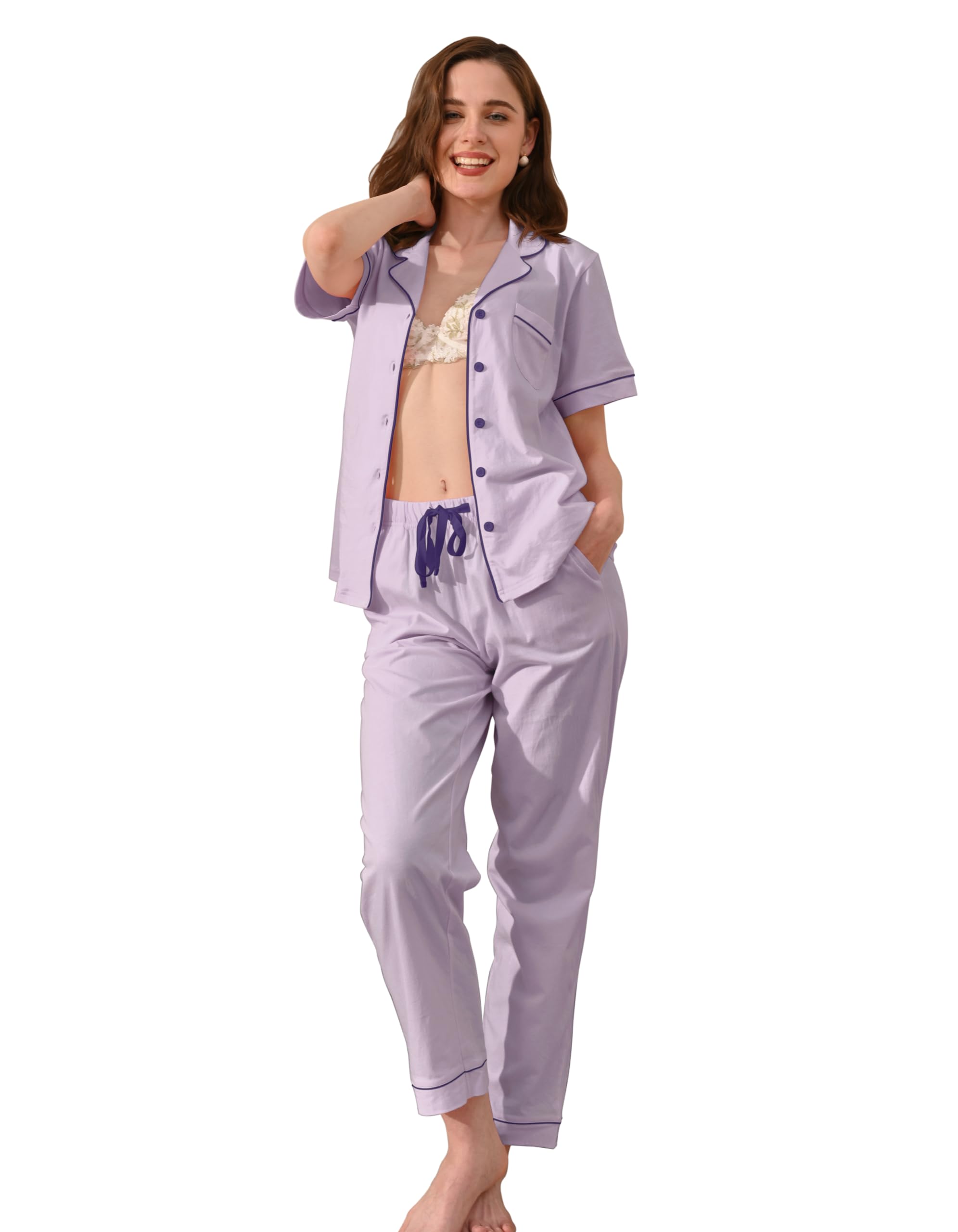NAP BOUND 100% Cotton Women's Pajama Sets Short Sleeve Button Down Soft Pjs 2 Piece Lounge Set with Pocket Nightwear XS-XXL