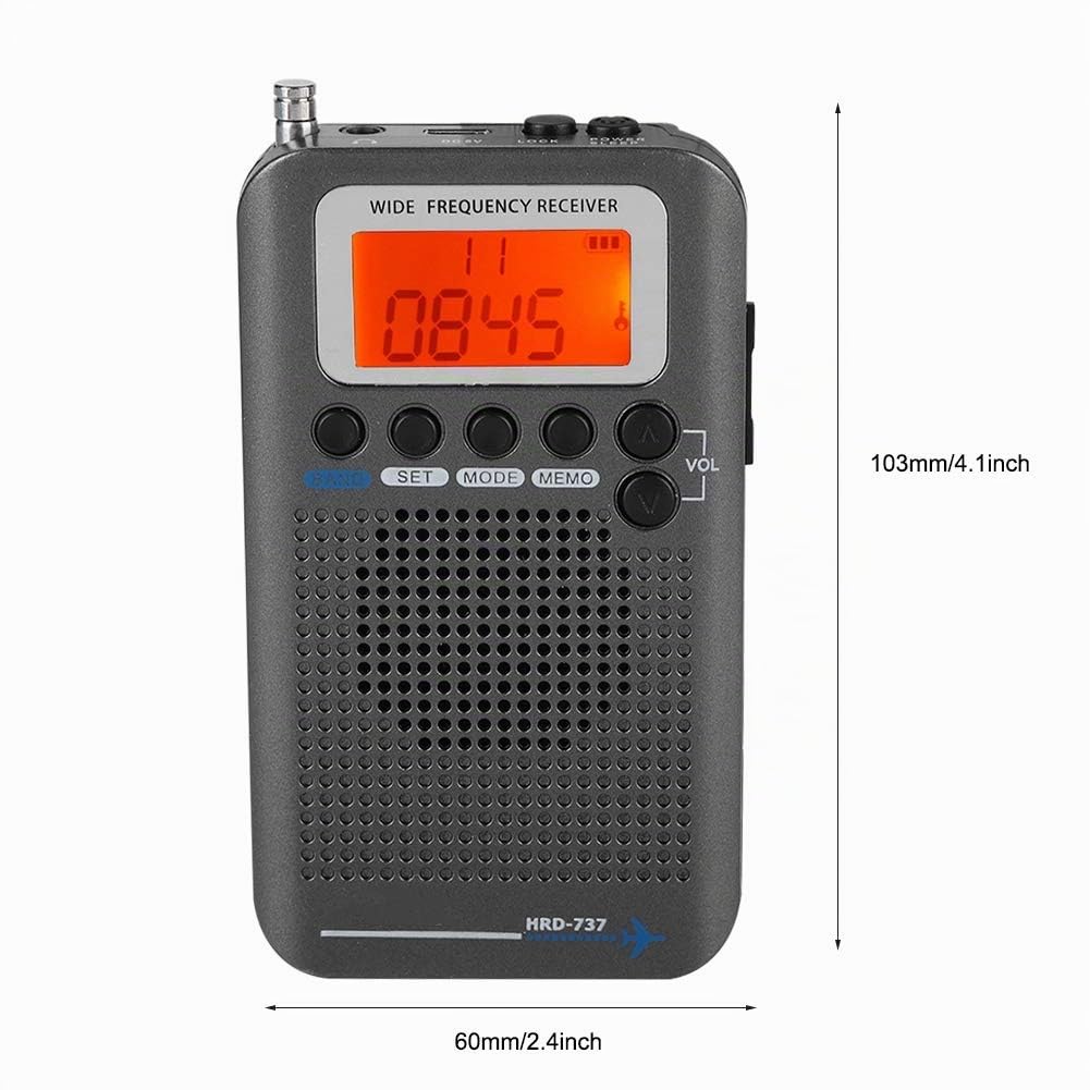 Escáner de Receptor de Radio multibandas Escáneres/de Mano/Bandas de frecuencia: Air FM Am CB SW VHF Incorporado en batería portátil Recargable Radio de Viaje(Negro)