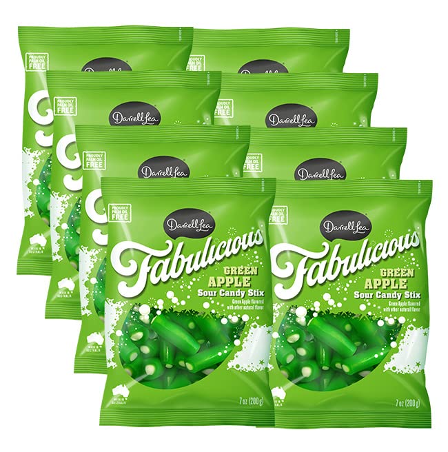 Darrell Lea Fabulicious Sour Candy Stix, Soft and Tangy, No Artificial Flavors, Palm Oil Free, Made in Australia, Shareable (Sour Apple, 7 Ounce (Pack of 8))
