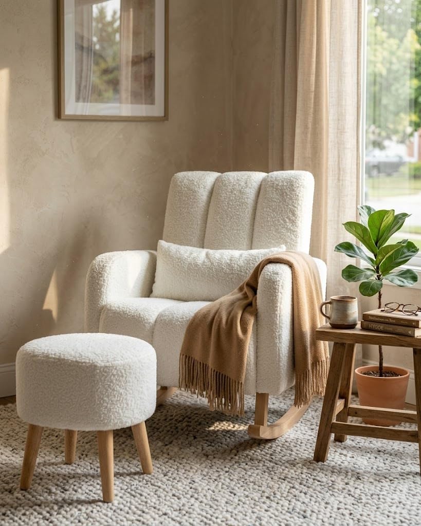 Rocking Chair with Ottoman, Black Boucle Upholstery, Wooden Legs, Nursery and Living Room (White)-image-29