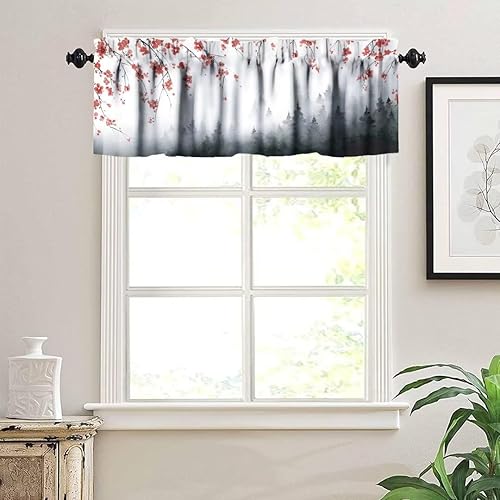 Miniatura 4 de Cortina con cenefas de bosque brumoso para ventana, pintura tradicional japonesa con estampado de flores de cerezo, cortinas de ventana con bolsillo