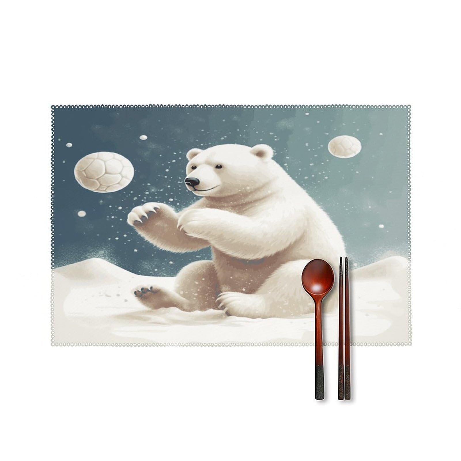 Fekiloot Style Funny Polar Bear Playing Snowball Placemats Set Of 6,Table Mat