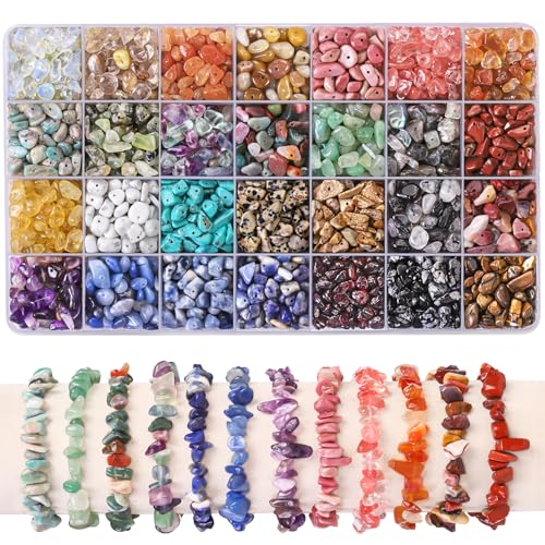 DTYDECLE1400pcs Gemstone Chip Beads 28 Colors 5-8mm Crystal Beads for Jewellery Making Natural Irregular Crushed Chip Drilled Stone Bead for DIY Craft Necklace Bracelet Earring Making