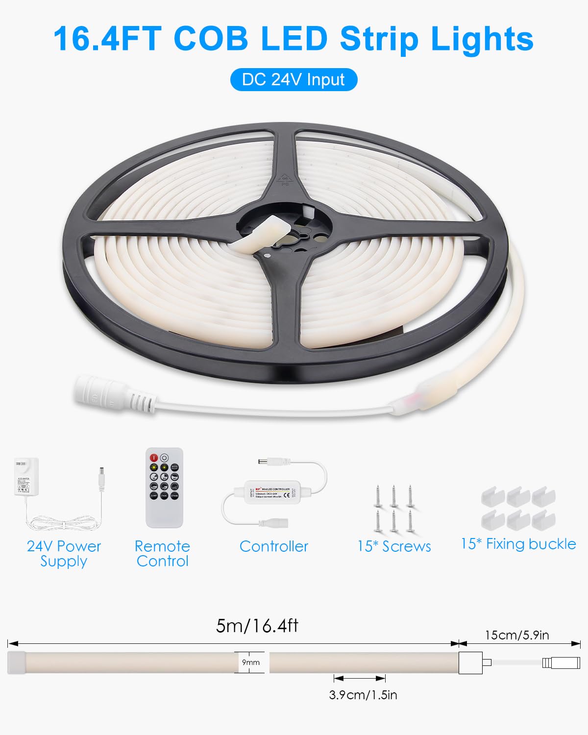 ALITOVE Striscia LED COB da 24 V, luce bianca calda, 5 m, con telecomando e alimentatore di rete, 3000 K, luce bianca calda, dimmerabile, 320 LED/M, impermeabile, per giardino, festival, decorazione