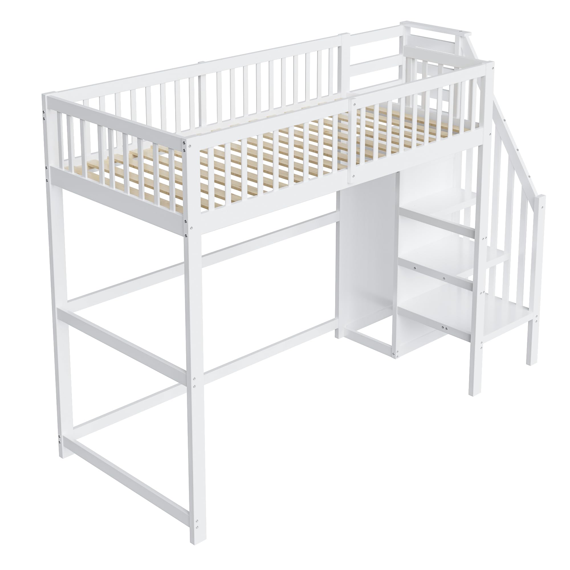 Idemon Cama alta 90 x 200 cm con escalera, cuna blanca de madera con estante de almacenamiento, armario sencillo