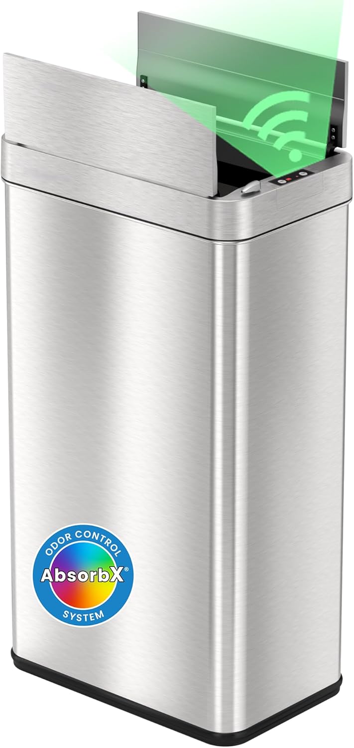 iTouchless 68 Liter / 18 Gallon Wings-Open Lid Sensor Kitchen Trash Can with Odor Filter, Dog-Proof Slim Automatic Large Capacity Stainless Steel Garbage Recycling Bin for Home Office Business Garage Mist Silver, Brushed Stainless Steel