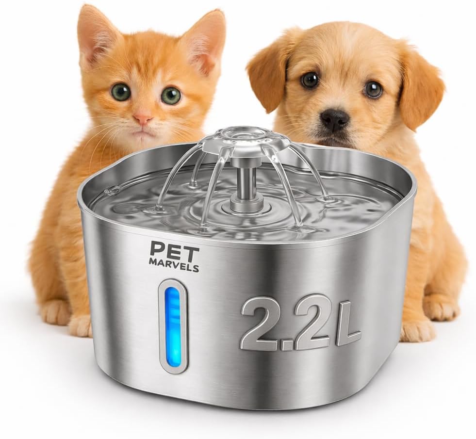 Fuente de Agua para Gatos Acero Inoxidable 2.2L, Bomba Silenciosa