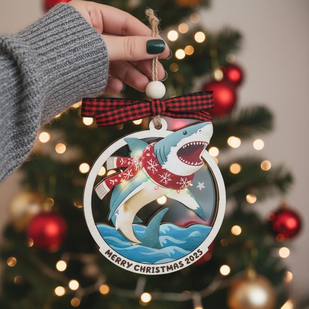 Shark Ornament - Funny Shark Ornaments for Christmas Tree - Sharks Lovers Gifts for Women, Men, Ocean Lover - Ocean Christmas Ornaments - 2 Layers Wood Acrylic Sea Animal Hanging Ornament 2025 - Image 5