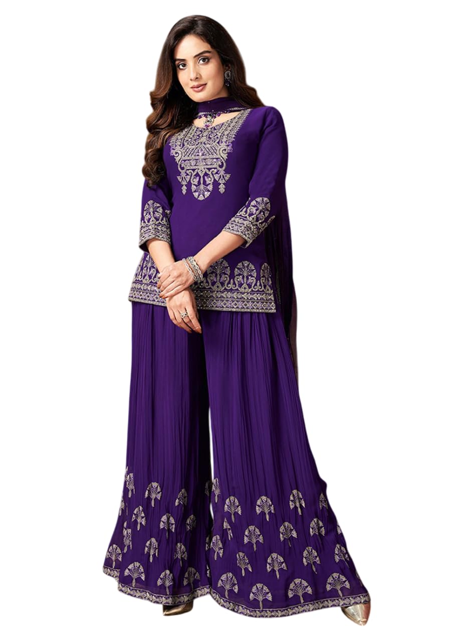 xomantic fashion Womens Purple Color Embroidered Georgette Palazzo Salwar Kameez-picture-22