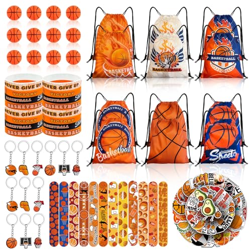 Yeepestmi 110Pcs Basketball Party Favors, Drawstring Bags Basketball Goodie Bag with Mini Ball, Wristband, Slap bracelets, Keychains, Stickers for Basketball Party Supplies