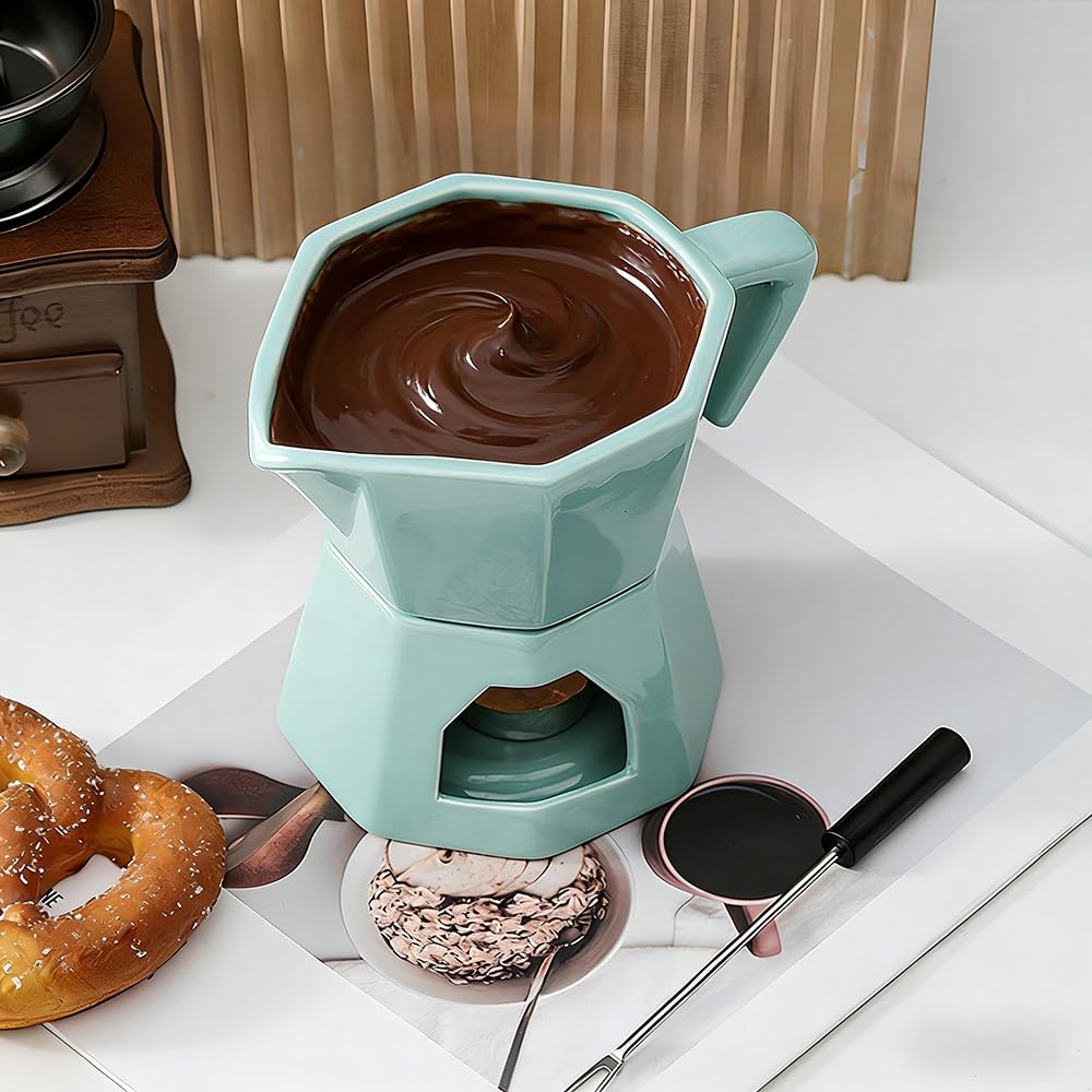 Fonduta Cioccolato, Pentola per Fonduta di Cioccolato al Burro in Ceramica, Set Casa con Candela da tè 300 ml con 1 Forchette per Formaggio, Verde (Verde)
