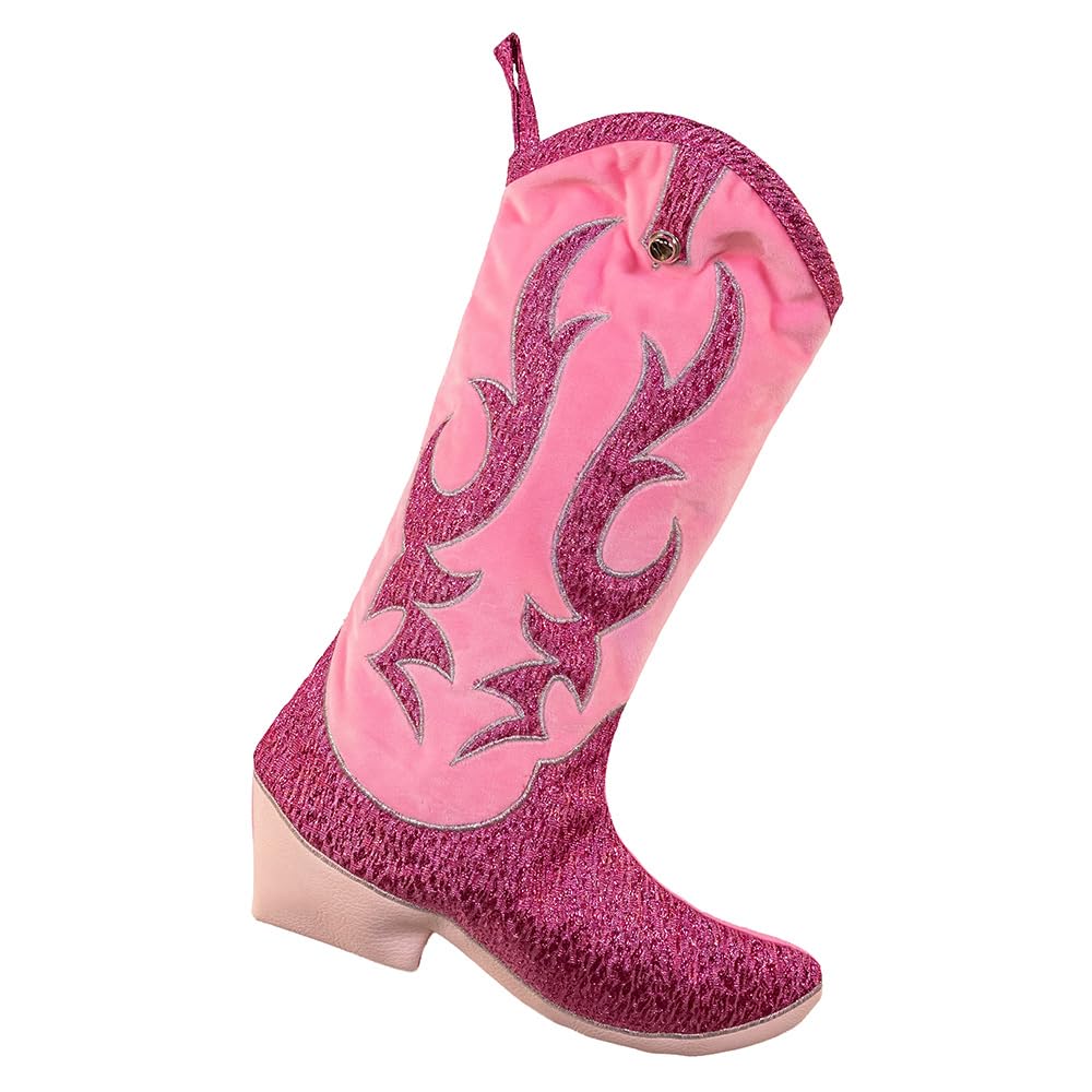 Calcetín de bota de vaquero rosa Kurt Adler de terciopelo y detalles metálicos