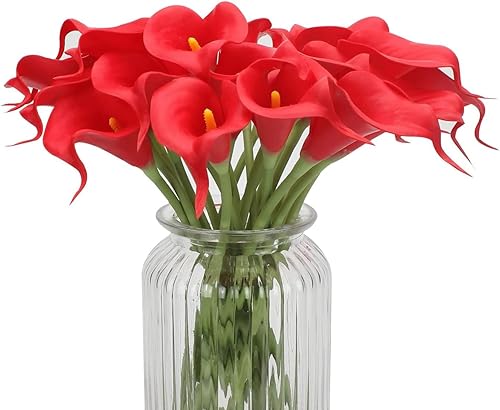 Miniatura 5 de Houda Ramo de flores artificiales de imitación para decoración de fiesta, ramo de flores de poliuretano de tacto real (rojo, 10 unidades)