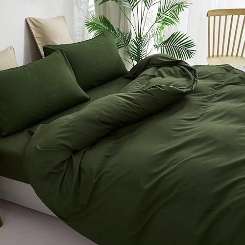 Miniatura 4 de Houseri Juego de edredón, color verde militar (tamaño matrimonial), ropa de cama de 3 piezas con 1 edredón y 2 fundas de almohada, estilo moderno de