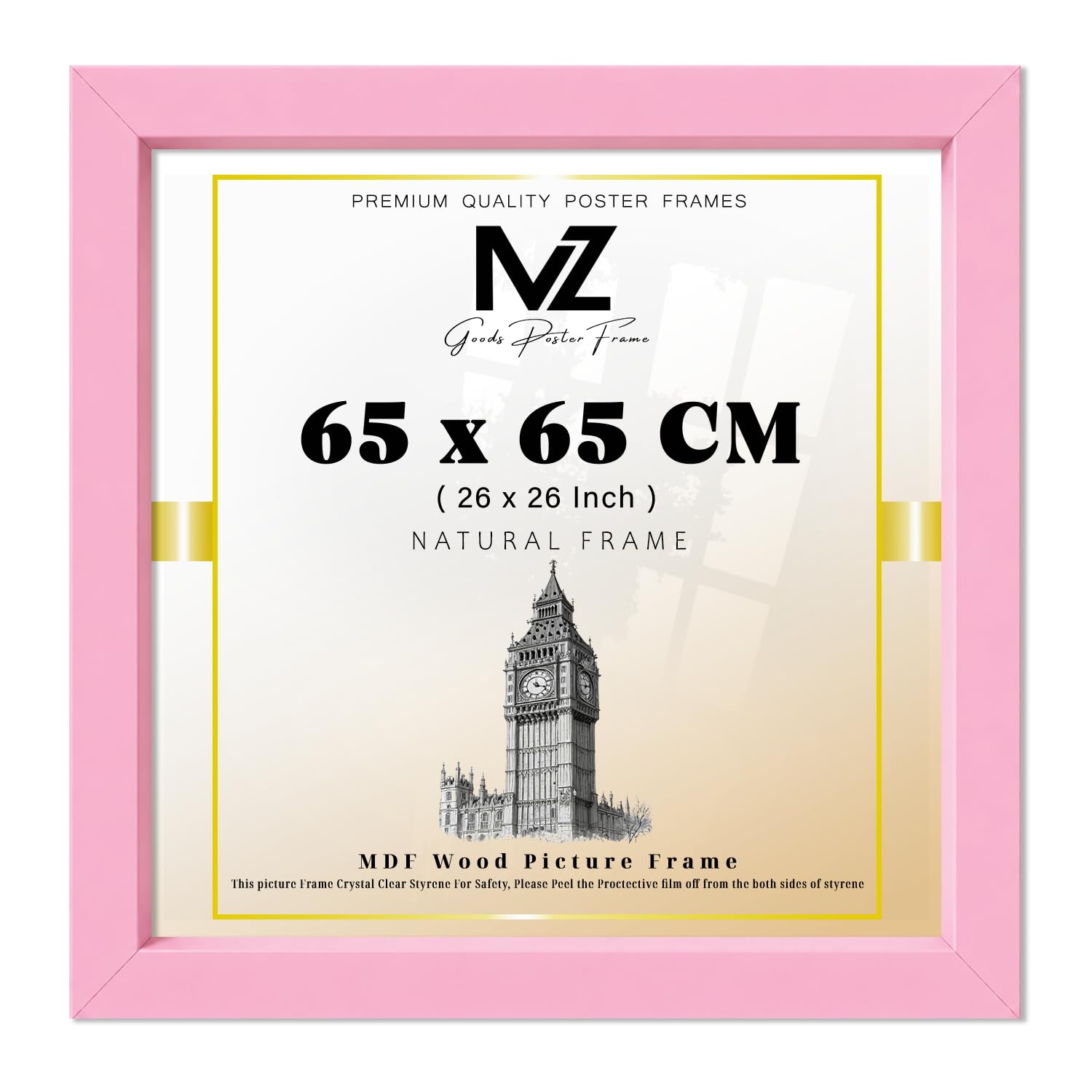 MZ GOODS | MDF Poster Frame (65 x 65 CM) Square for Inspirational Quotes, Graduation Photos & Wall Décor, Elegant MDF Finish, Secure Hanging Hooks [ Pink ]