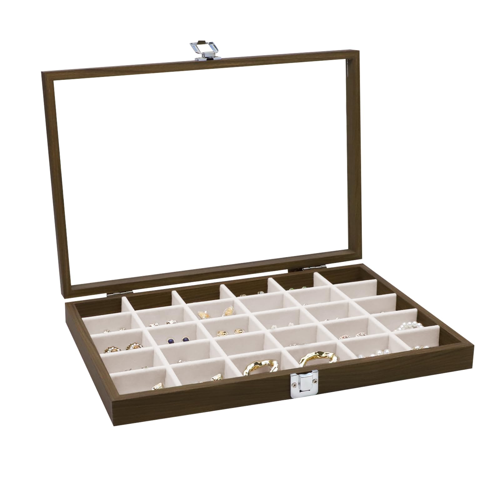 Wudygirl Jewelry Organizer Vintage Jewelry Tray Wooden Earring Holder Organizer with Clear Lid 30 Grid Jewelry Box Drawer Insert Jewelry Display Case