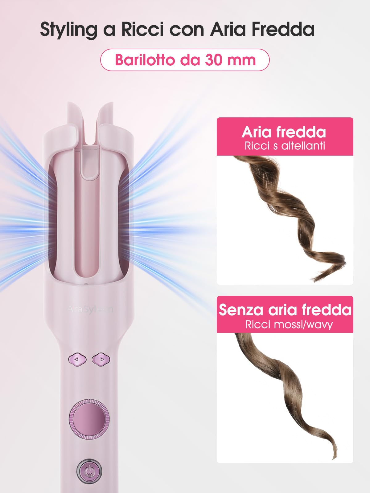 Arricciacapelli Automatico con Aria Fredda e Ioni, 30 mm Ceramica Auto Curler, 5 Temperature 160-200°C, Antiscottatura, Doppia Tensione 110-240V per Casa e Viaggi