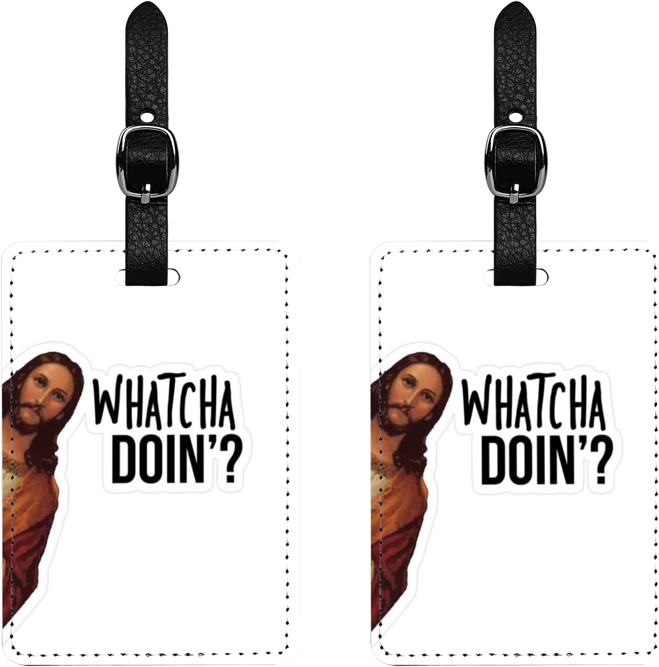 2 Pack Catholic Luggage Tag for Suitcases, Whatcha Doin’? Party Decorations Leather Tags, Essential Travel Unique Gift for Men Women Couples Lover, Funny Christmas Birthday Gifts