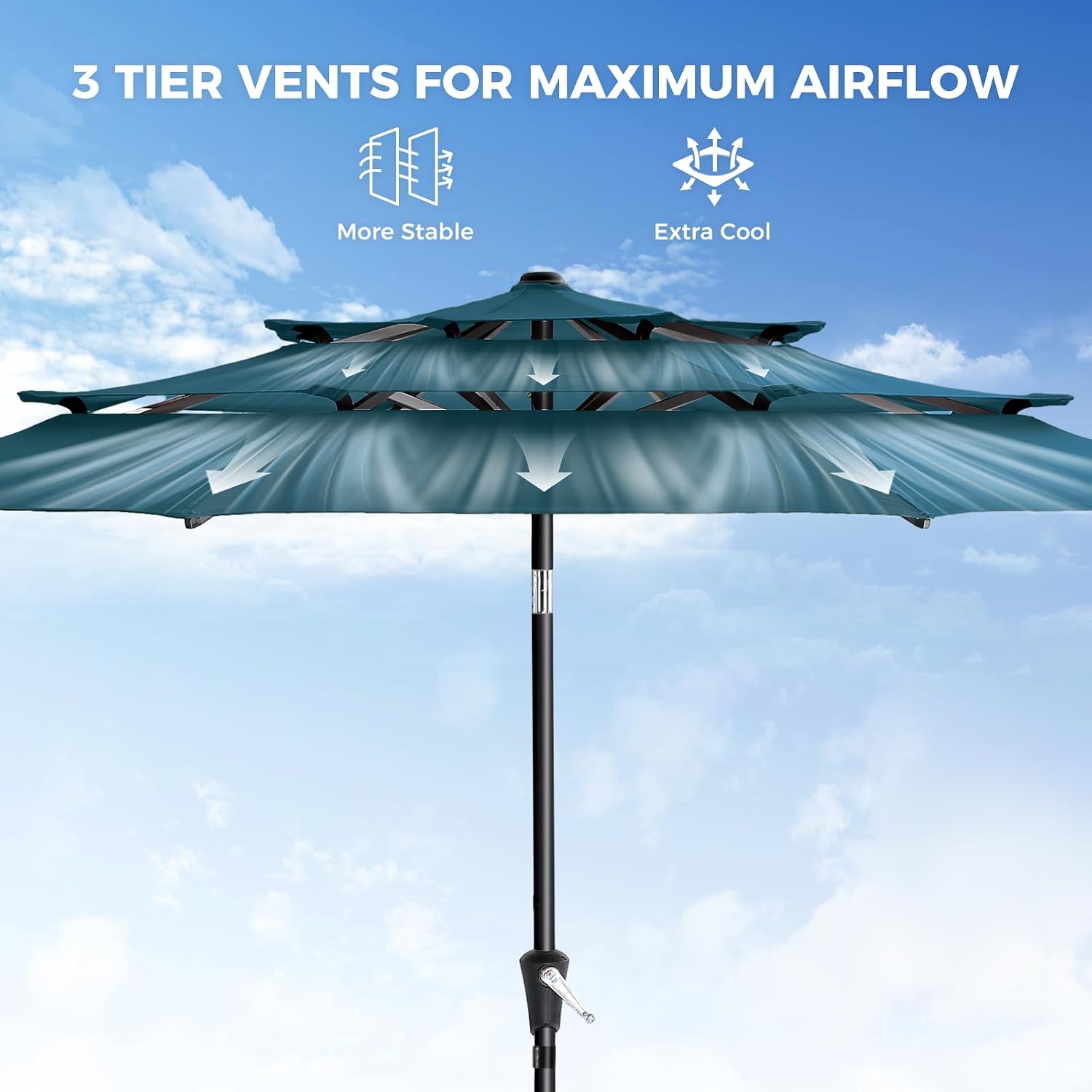 HOMSHADE 9FT 3-Tiers Outdoor Patio Umbrella with 5-Year Fade Resistant,Vented Outdoor Commercial Market Umbrella with UPF50+ UV Protection & Push Button Tilt and Crank for Pool,Backyard(Peacock Blue)