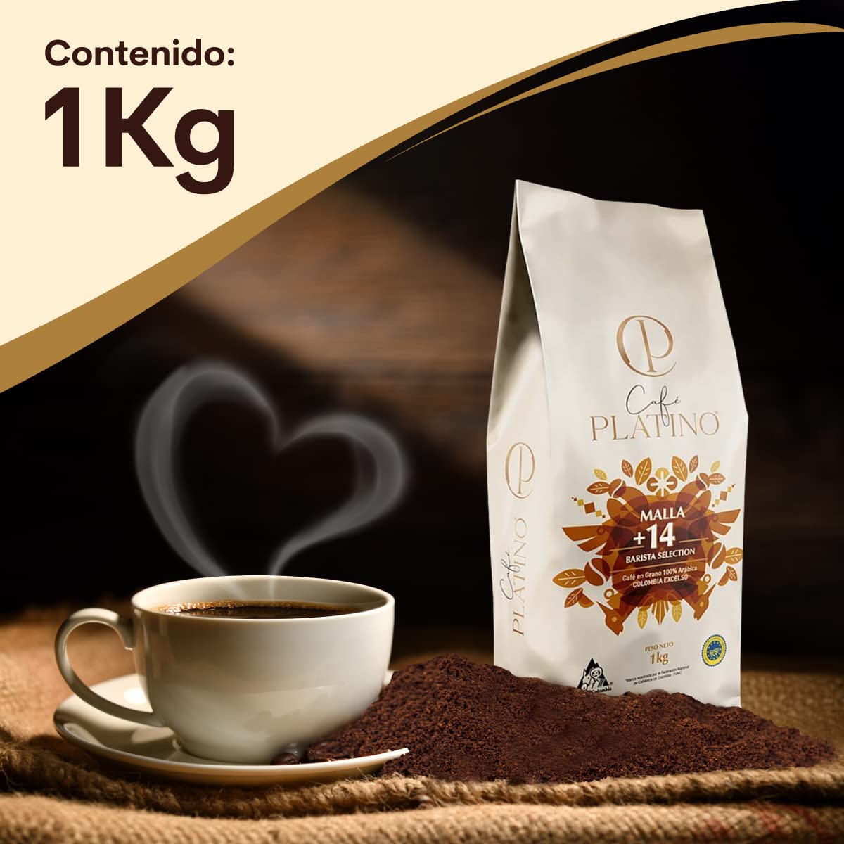 Café Platino - Café Molido de Colombia Excelso Tostado 1Kg - 100% Arábica - Malla +14 Barista Selection