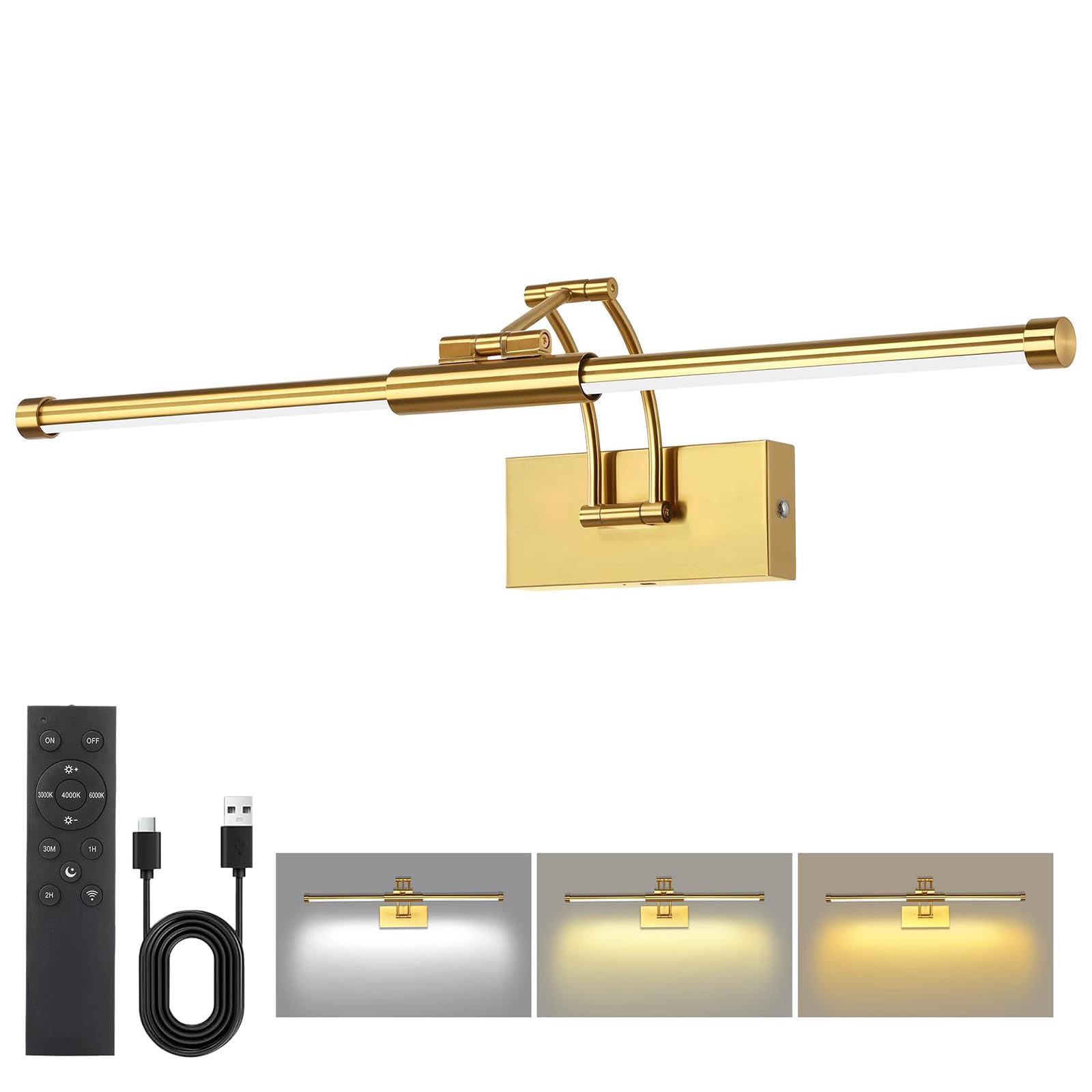 Neymlya 24" Picture Lights for Wall 60cm, 8000mAh Rechargeable Wireless Picture Light with Remote, LED Wall Lights 3000K/4000K/6000K Dimmable, Art Lighting for Paintings Frame Gallery Dartboard, Brass