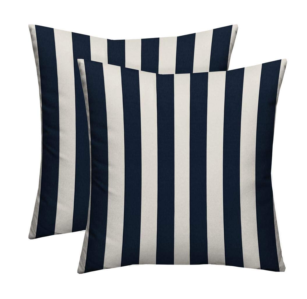 RSH DECOR: Square Throw Pillows Set of 2 | 17” x 17” | All-Weather Spun Fabric | Water and Fade-Resistant | Outdoor Accent Pillows for Patio Furniture | Navy & White Stripe