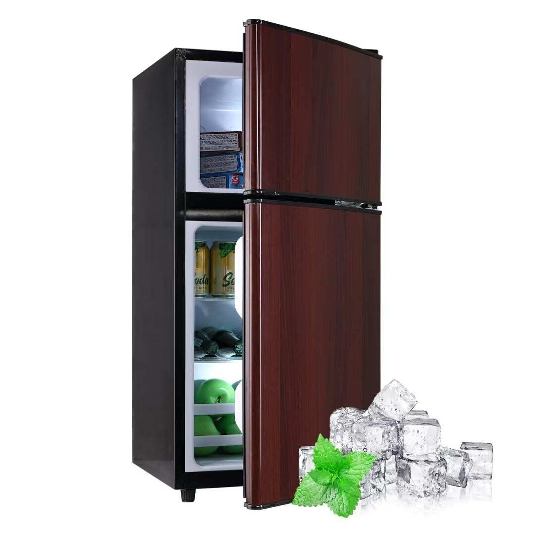 Compact Refrigerator, Small Fridge with Double Door, 3.5 Cu.Ft Apartment Size Refrigerator with 7 Level Adjustable Thermostat Control Perfect for Kitchen Dorm Apartment Office Wood