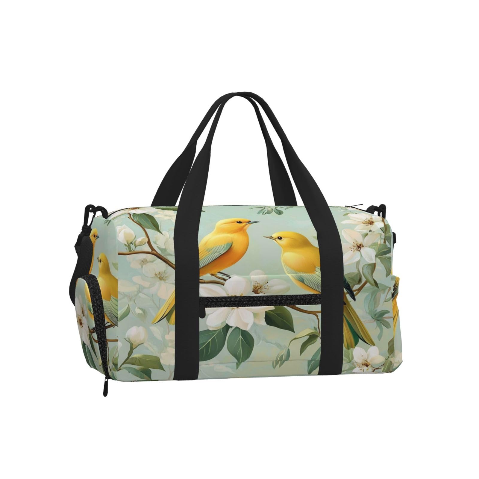 Entemne Spring Yellow Birds Sports Gym Bag with Shoe Compartment Women Men Travel Bag Lightweight Water-Resistant Weekend Overnight Carry On Luggage