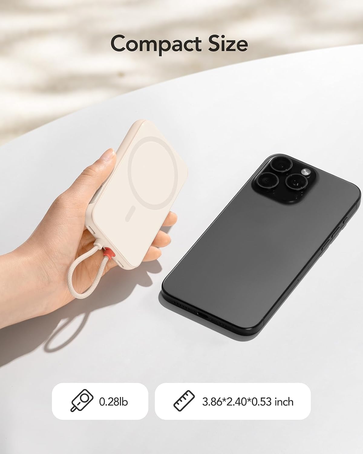 Charmast C05S Power Bank next to an iPhone, highlighting its compact size and dimensions.